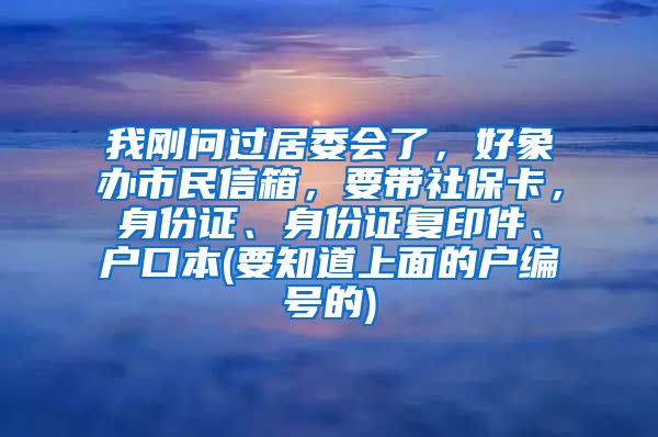 我刚问过居委会了，好象办市民信箱，要带社保卡，身份证、身份证复印件、户口本(要知道上面的户编号的)