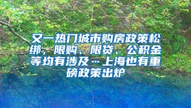 又一热门城市购房政策松绑，限购、限贷、公积金等均有涉及…上海也有重磅政策出炉